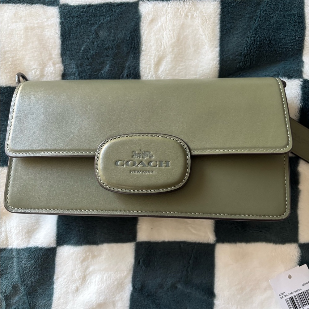 Coach Olive Green Crossbody Bag with Flap Closure and Smooth Texture